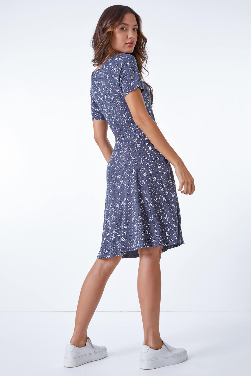 Dark Grey Ditsy Floral Fit & Flare Dress, Image 3 of 5