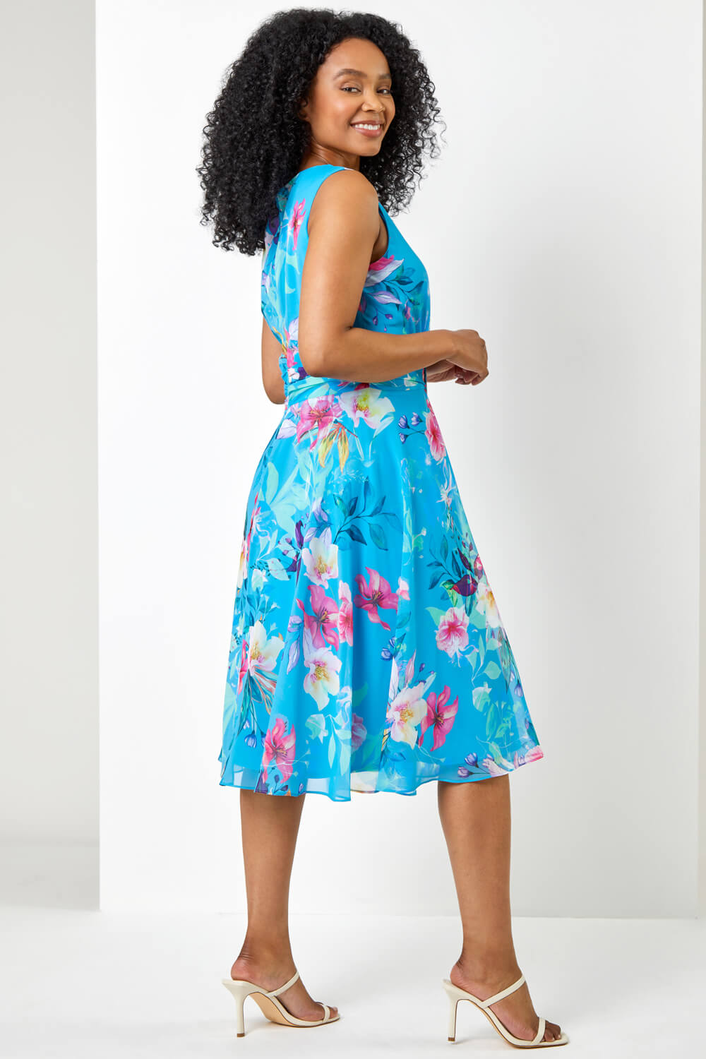 Turquoise Petite Floral Print Buckle Detail Dress, Image 2 of 5