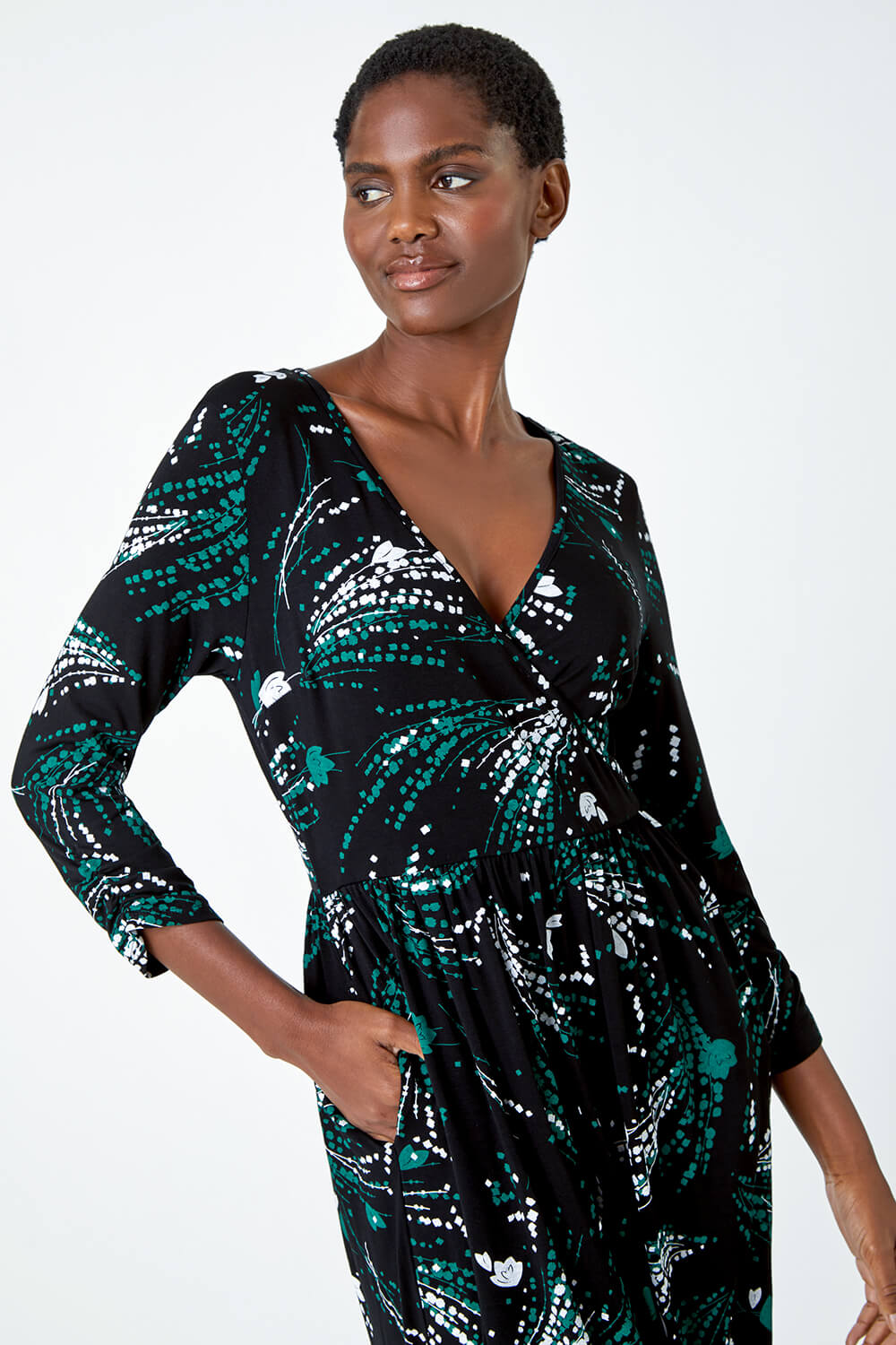Green Abstract Print Wrap Midi Stretch Dress, Image 4 of 5