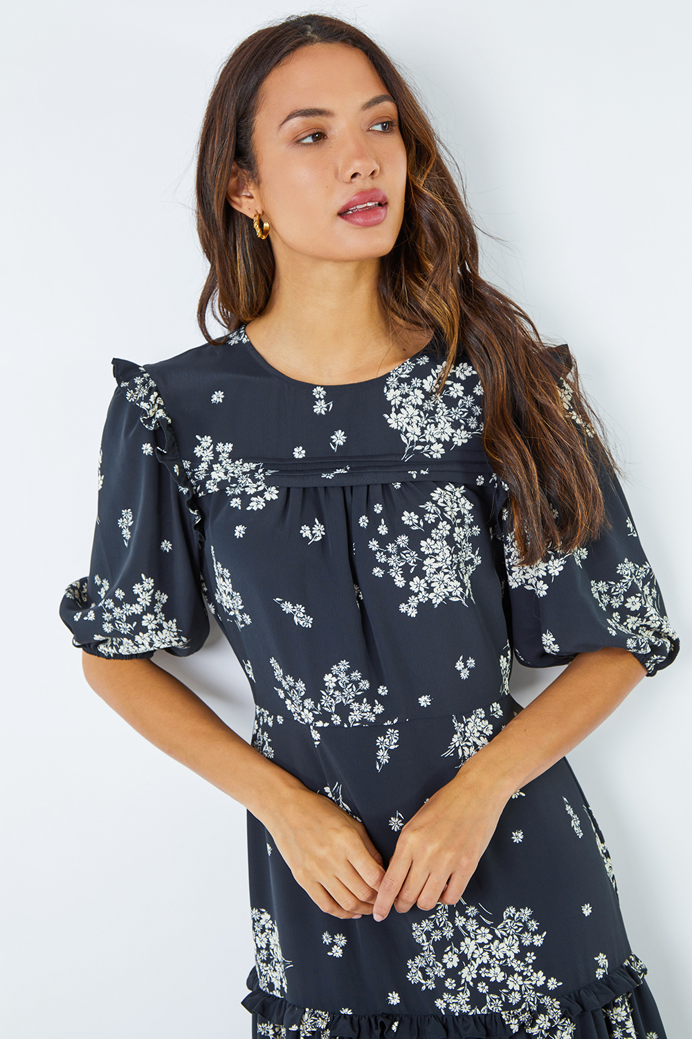 Black Floral Frill Detail Tiered Maxi Dress , Image 4 of 6