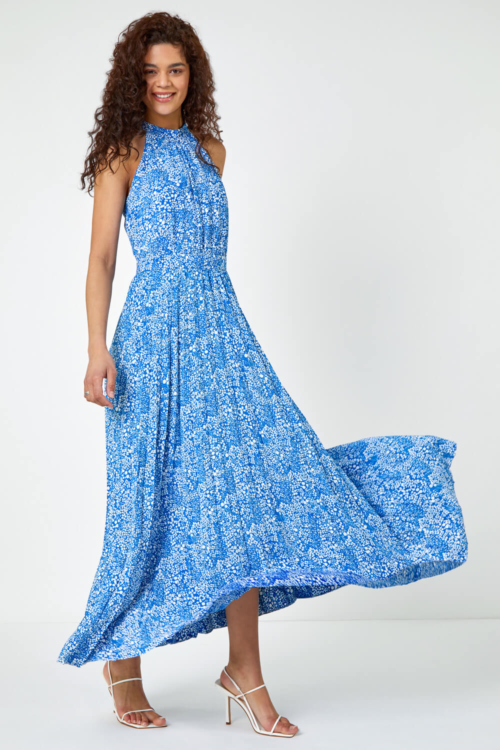 Royal Blue Ditsy Floral Halter Neck Maxi Dress, Image 4 of 5