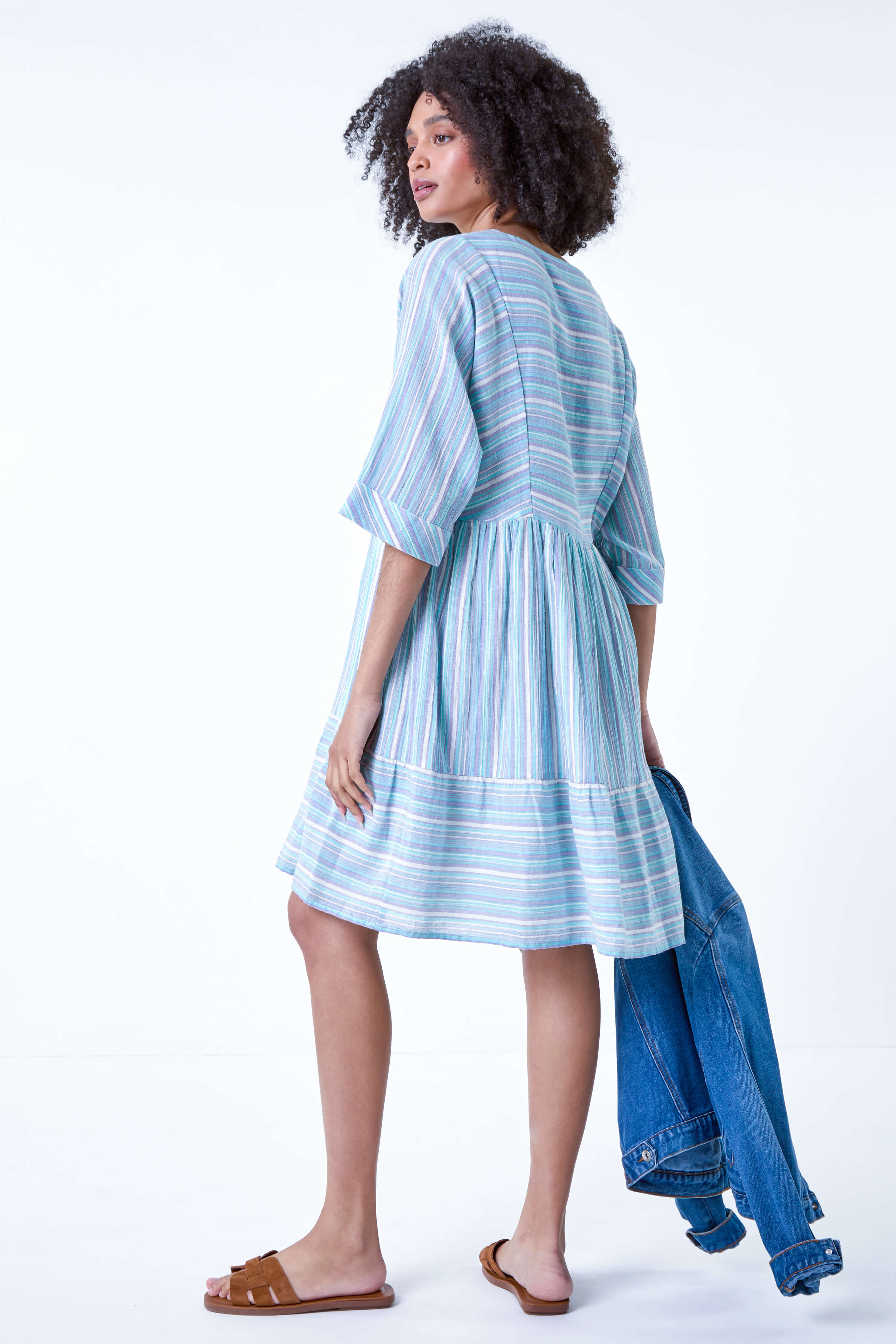 AQUAMARINE Cotton Stripe Print Smock Dress, Image 3 of 5