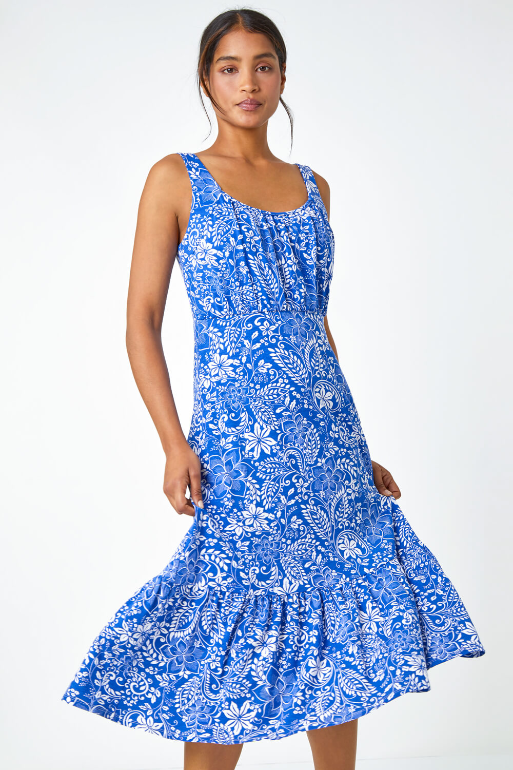 Royal Blue Floral Frill Hem Stretch Midi Dress | Roman UK