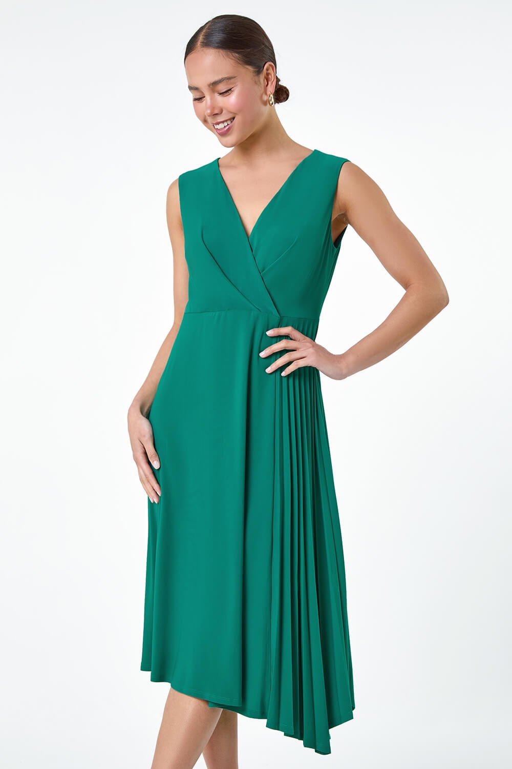 Teal Petite Pleat Detail Stretch Wrap Dress, Image 2 of 5