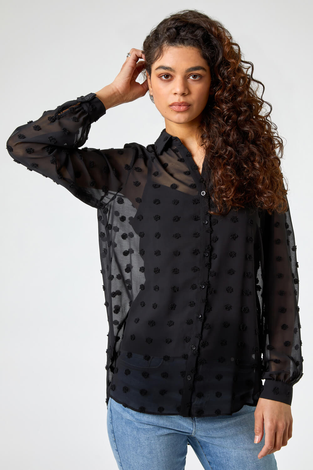 Black Textured Spot Button Up Blouse, Image 5 of 5