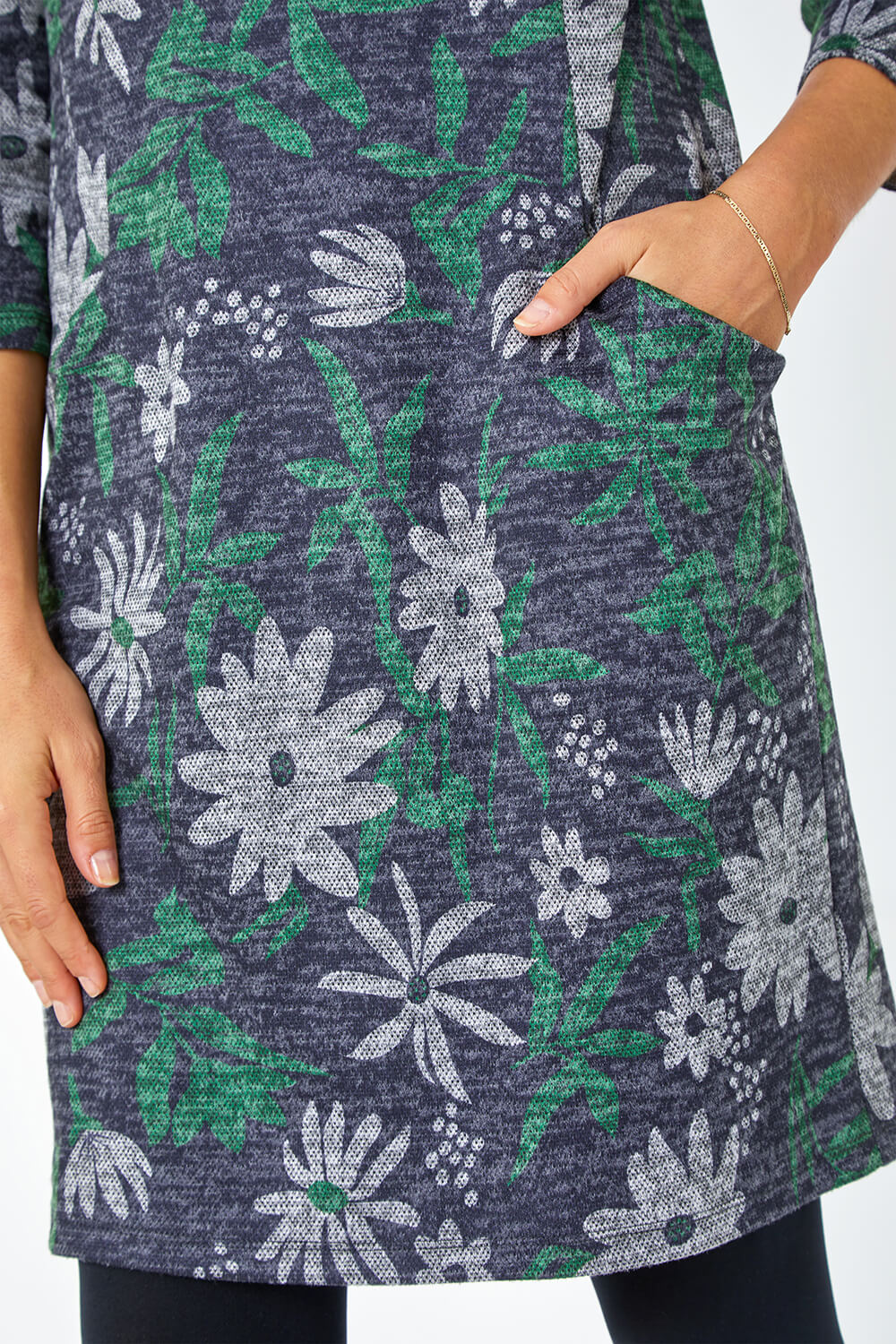 Green Floral Pocket Stretch Shift Dress, Image 5 of 5