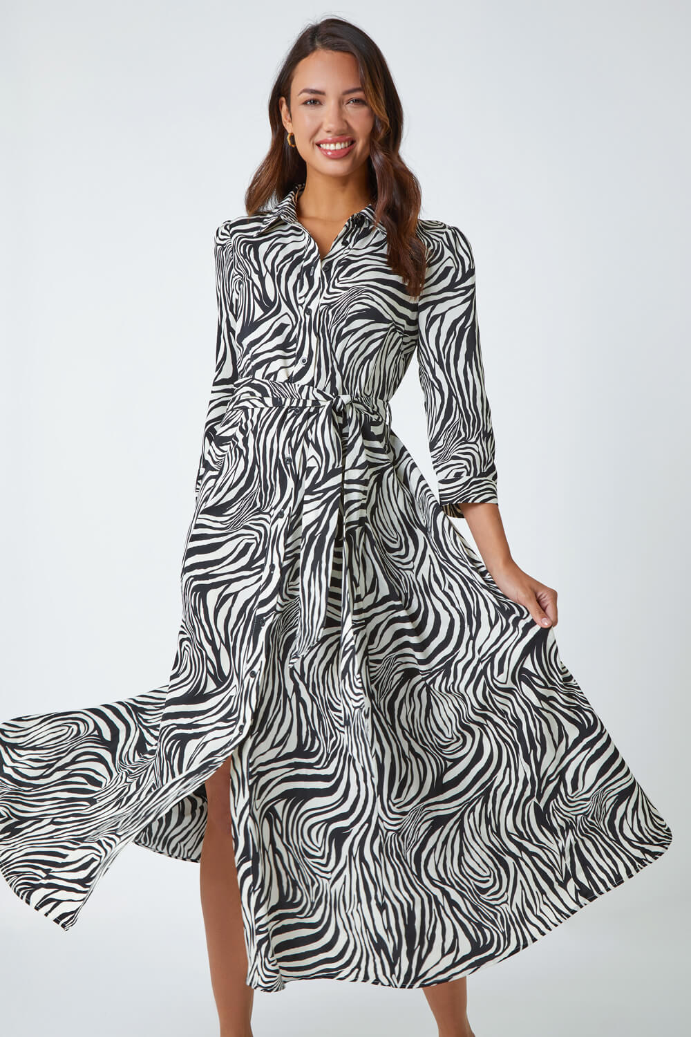 Black Zebra Print Midi Shirt Dress | Roman UK