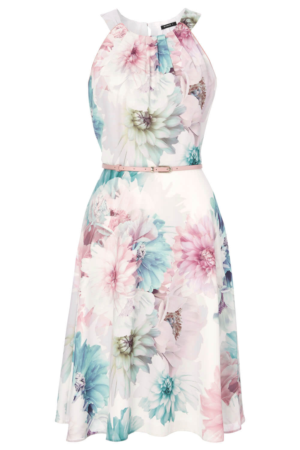 Ivory  Floral Fit and Flare Belted Dress, Image 5 of 5