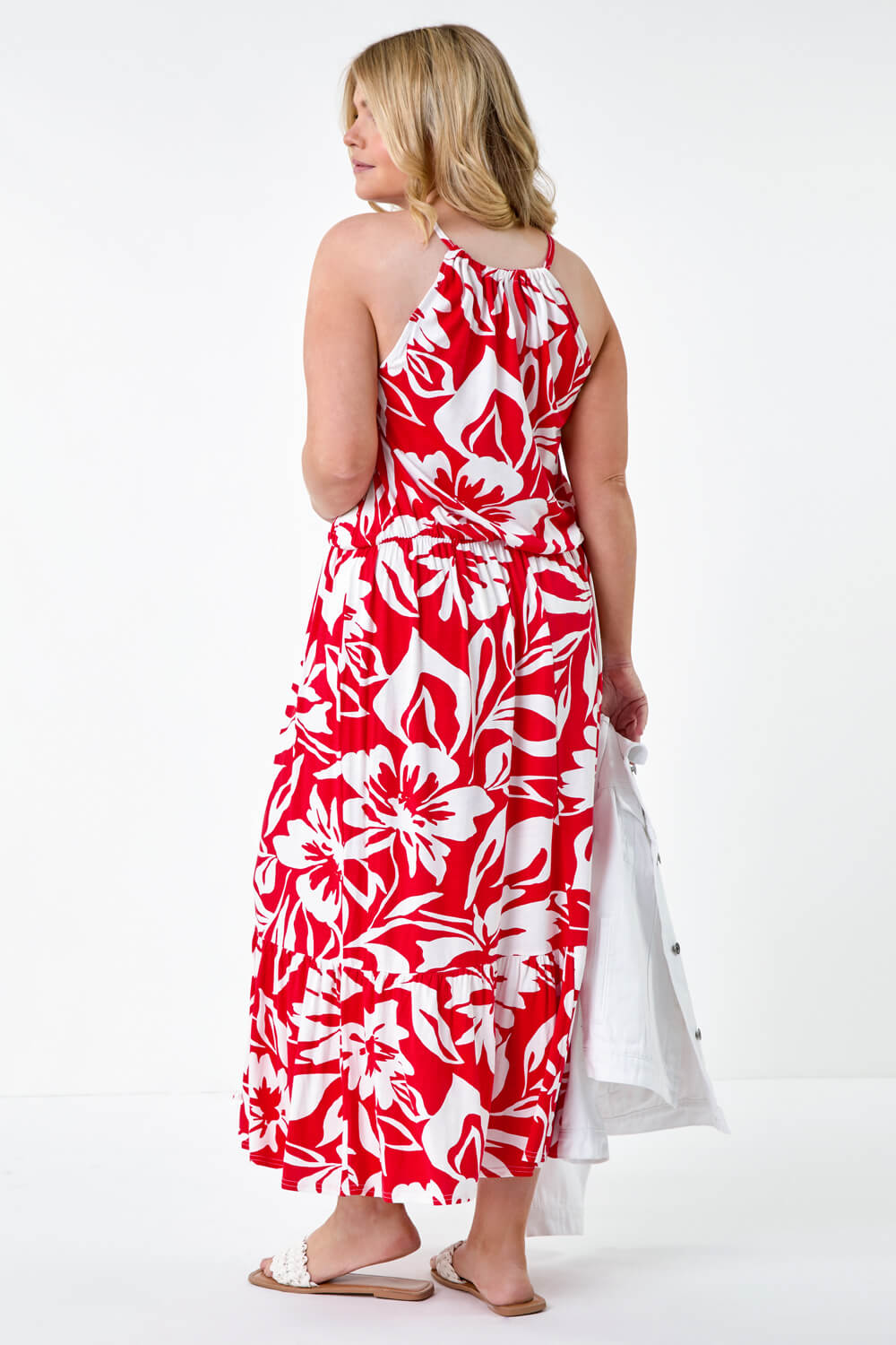 Red Curve Floral Tie Detail Halterneck Dress, Image 3 of 5