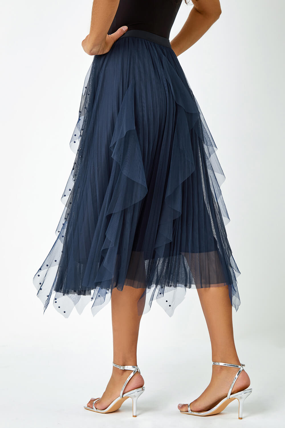 Midnight Blue Elasticated Pearl Mesh Layered Skirt, Image 3 of 5