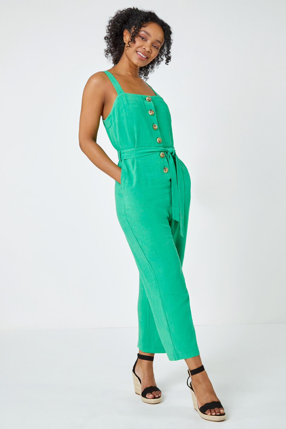 Green Petite Sleeveless Linen Blend Jumpsuit, Image 2 of 5