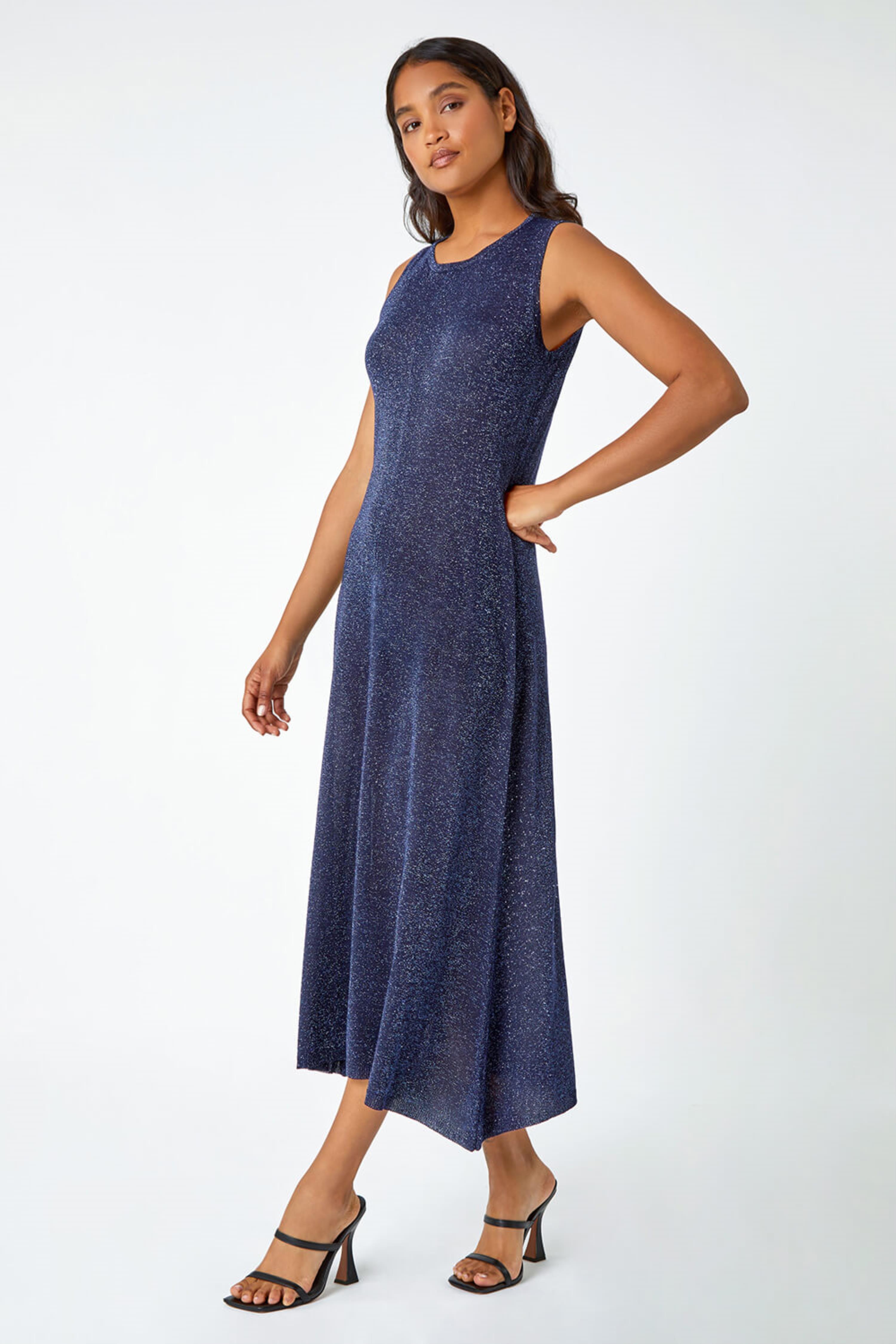 Navy  Sleeveless Sparkle Knitted Midi Dress, Image 2 of 5