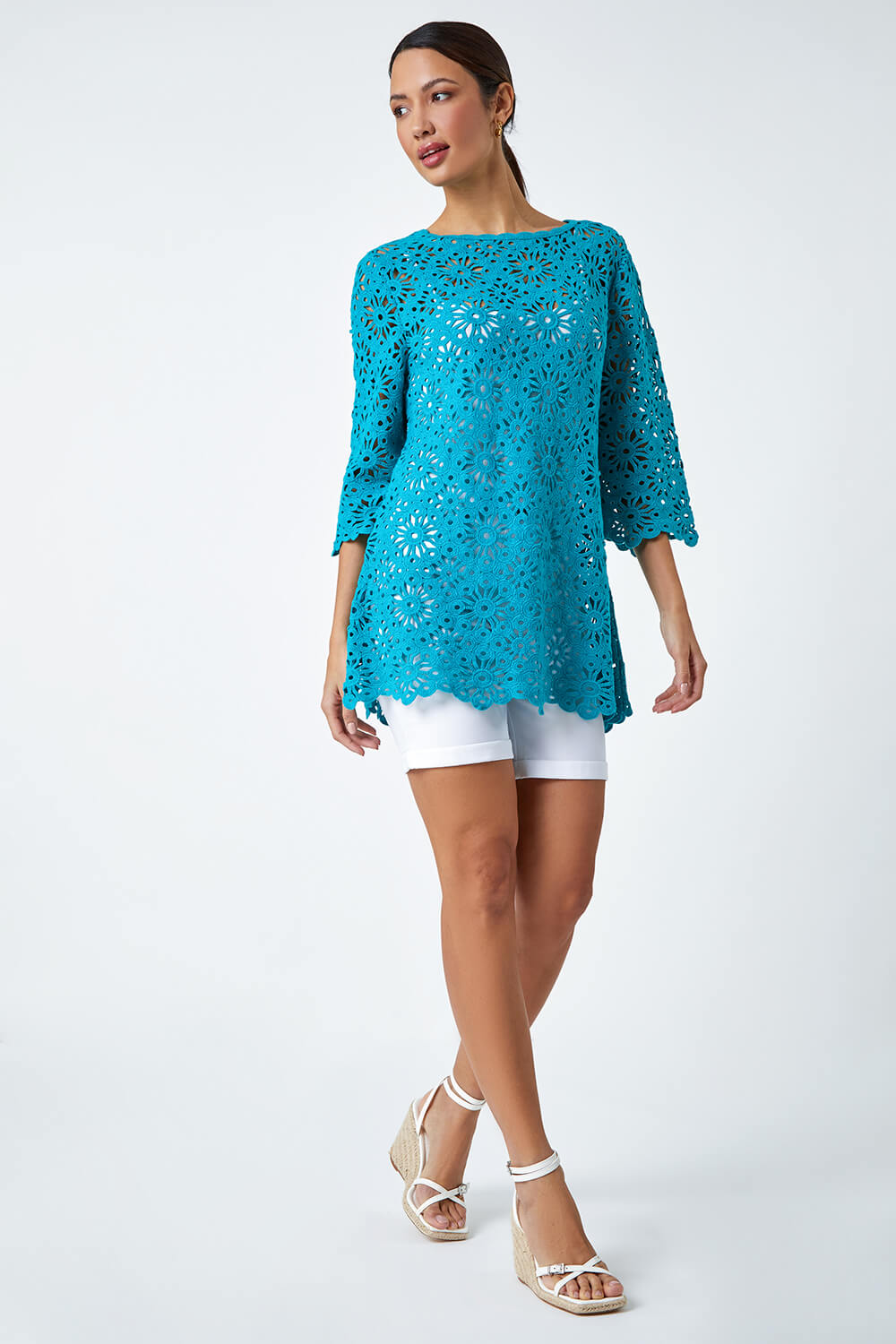 Turquoise Floral Cotton Crochet Top, Image 2 of 5