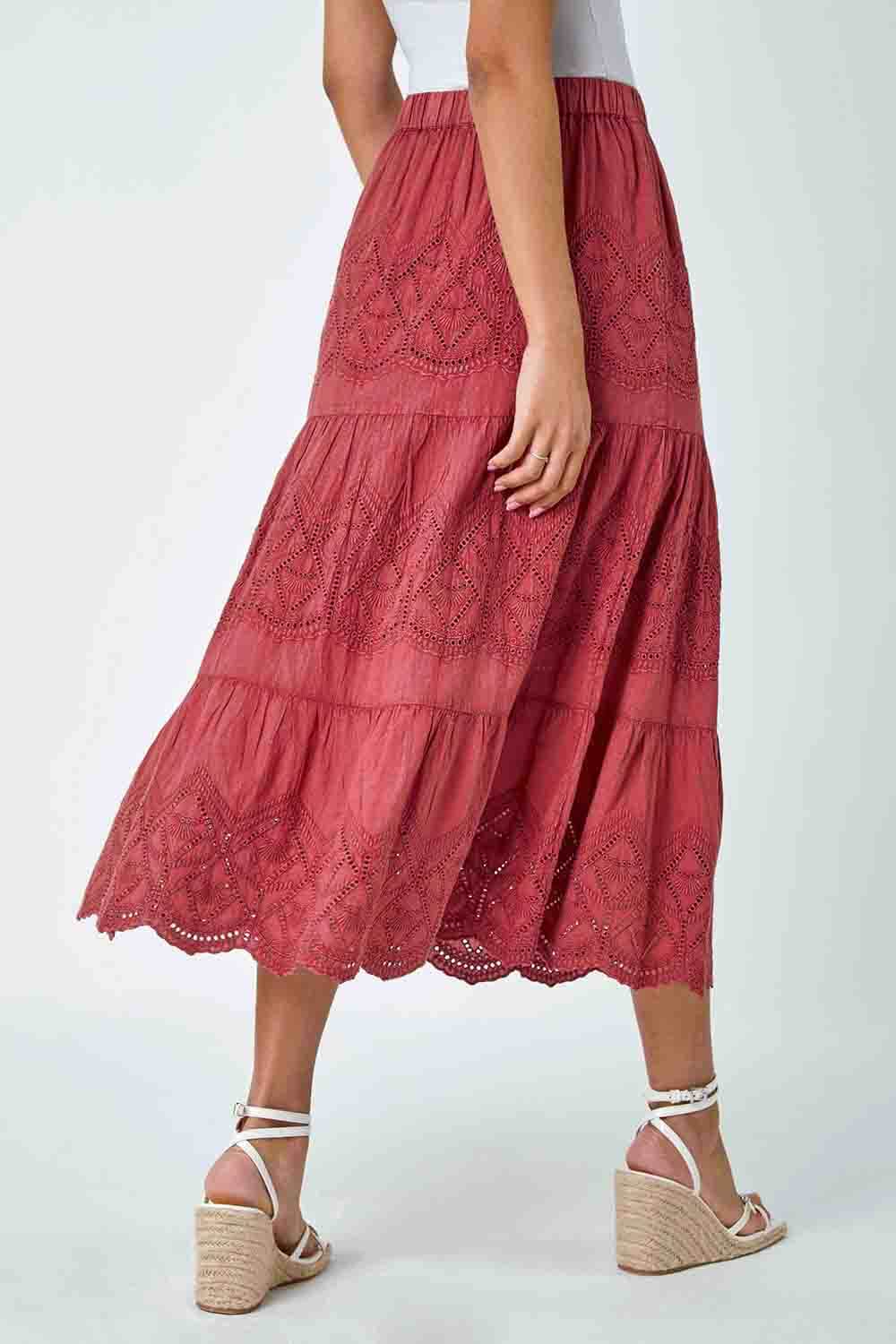 Rust Broderie Tiered Stretch Midi Skirt, Image 3 of 5