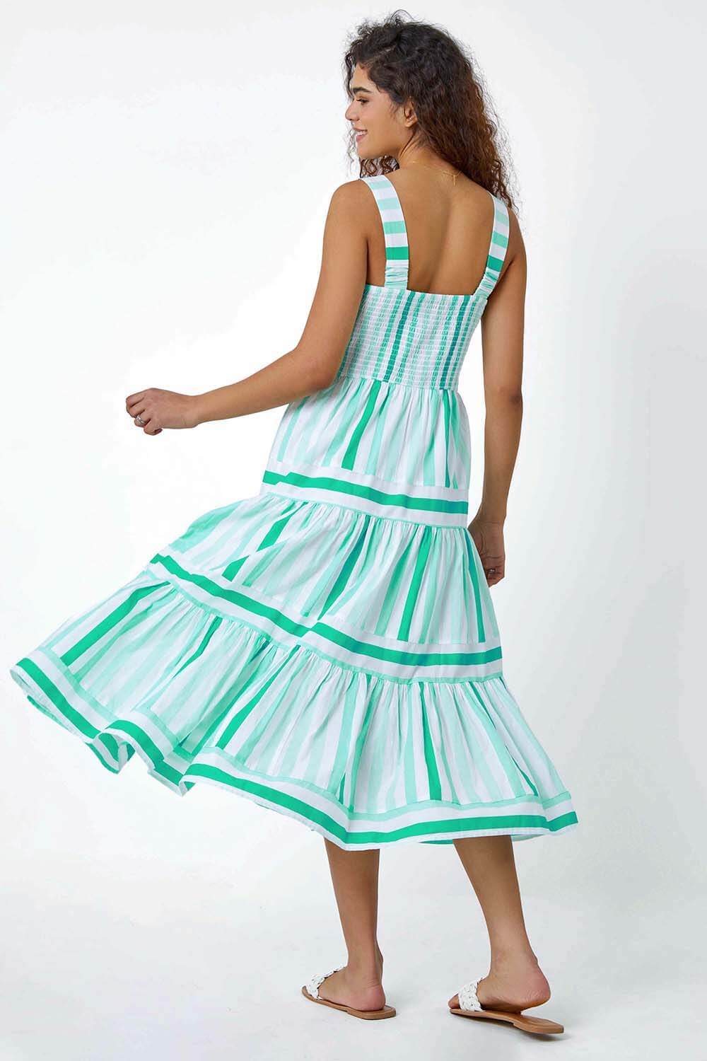 Mint Cotton Stripe Print Tiered Maxi Dress, Image 3 of 5