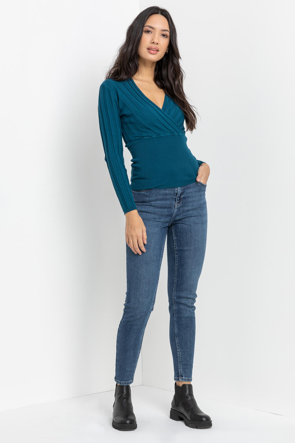 Teal Rib Front Wrap Jumper, Image 3 of 5