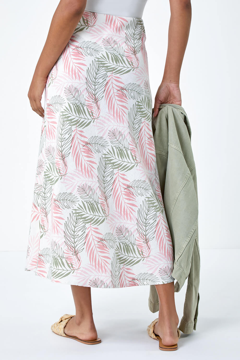 Light Pink Leaf Print Linen Blend A-Line Skirt, Image 3 of 5