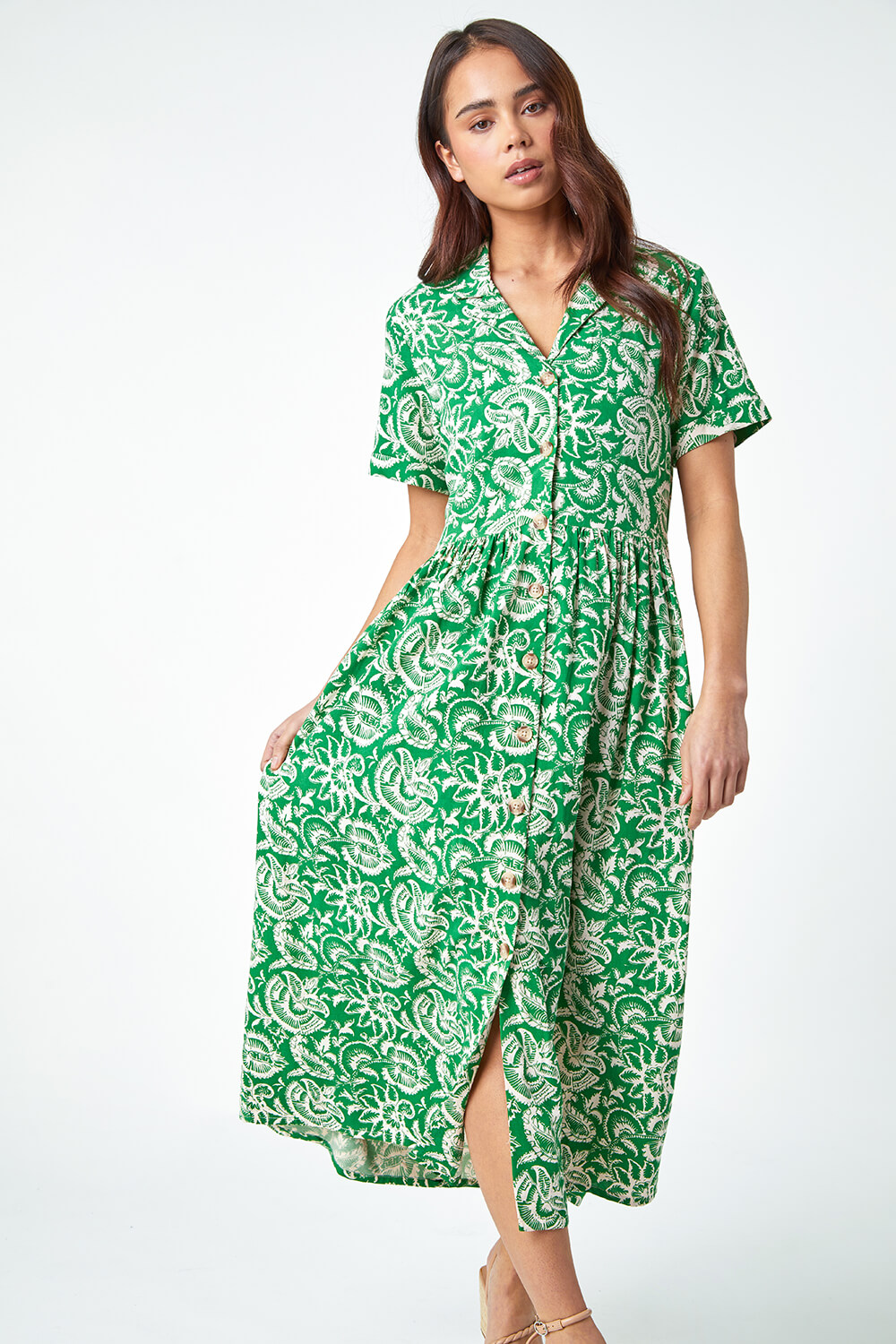 Green Petite Floral Print Midi Tea Dress, Image 4 of 5