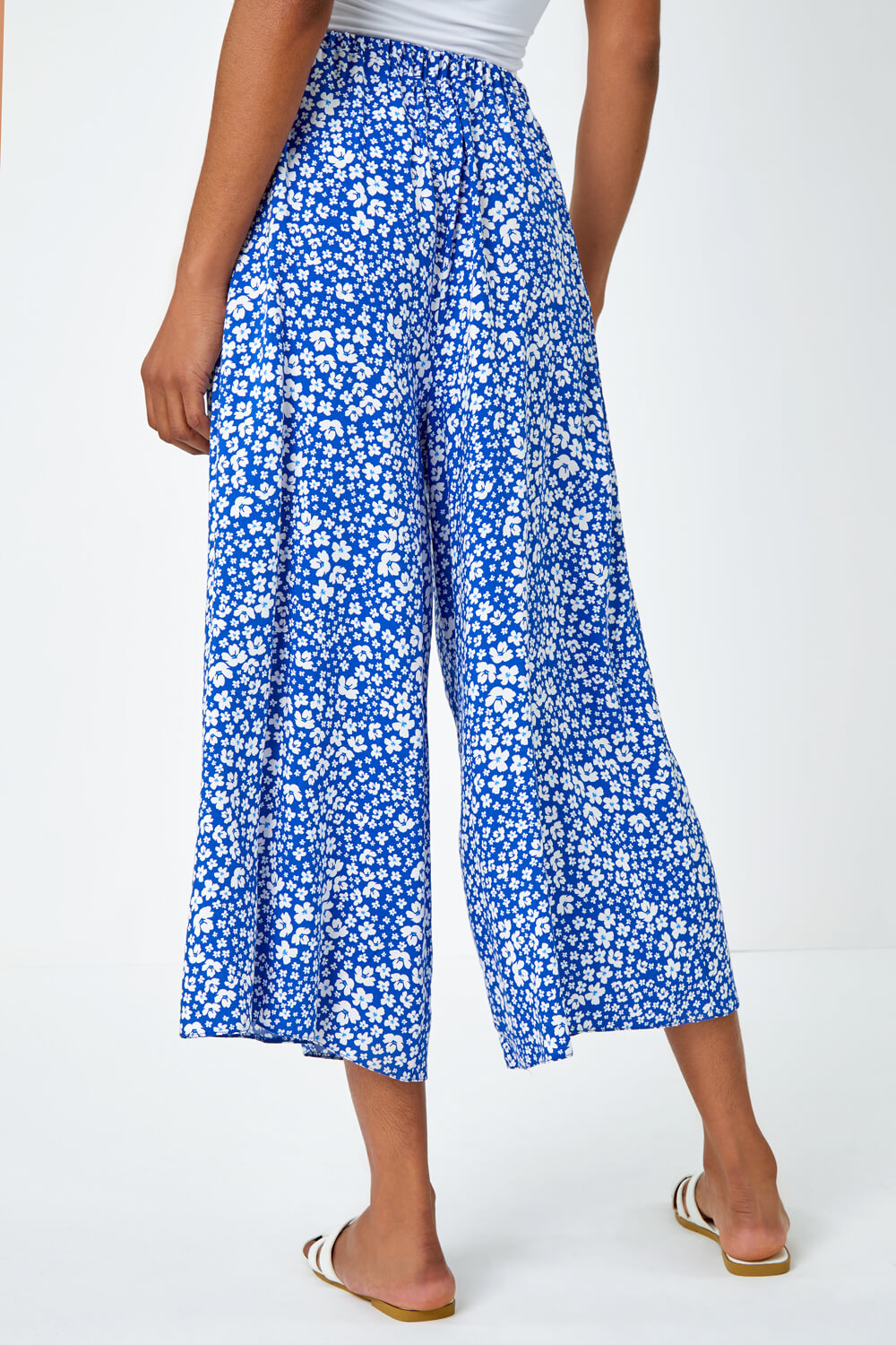 Blue Ditsy Floral Print Culotte Trousers, Image 3 of 5