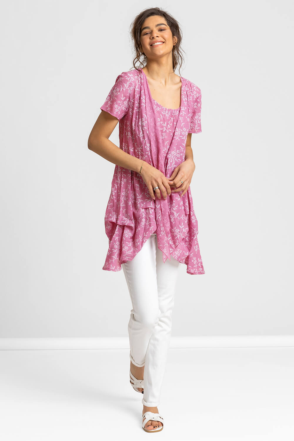 Mauve Floral Print Crinkle Tunic Top, Image 3 of 4