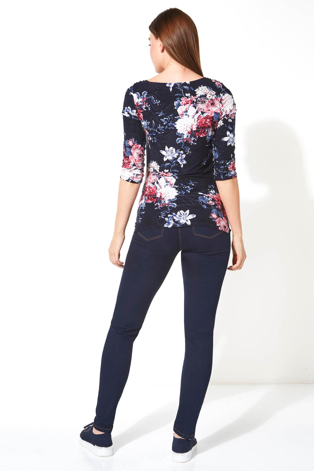 Navy  Floral Print Cowl Neck Top, Image 3 of 3