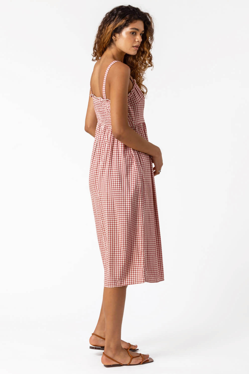 Red Gingham Print Button Down Sun Dress, Image 3 of 5
