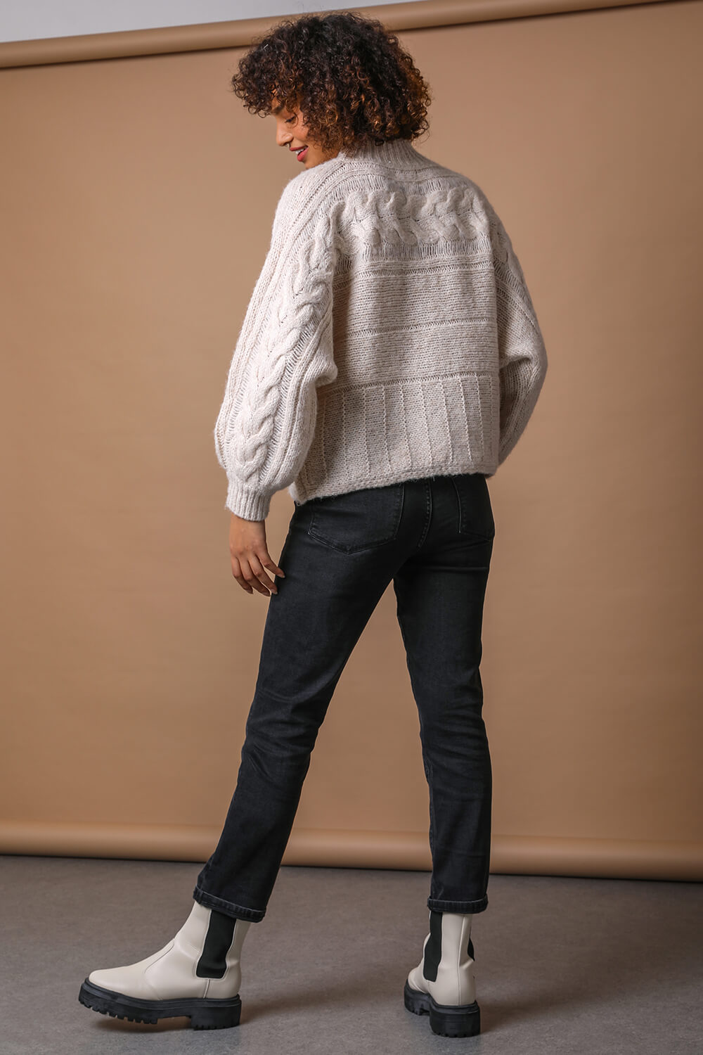 Natural  Cable Knit High Neck Jumper, Image 2 of 5