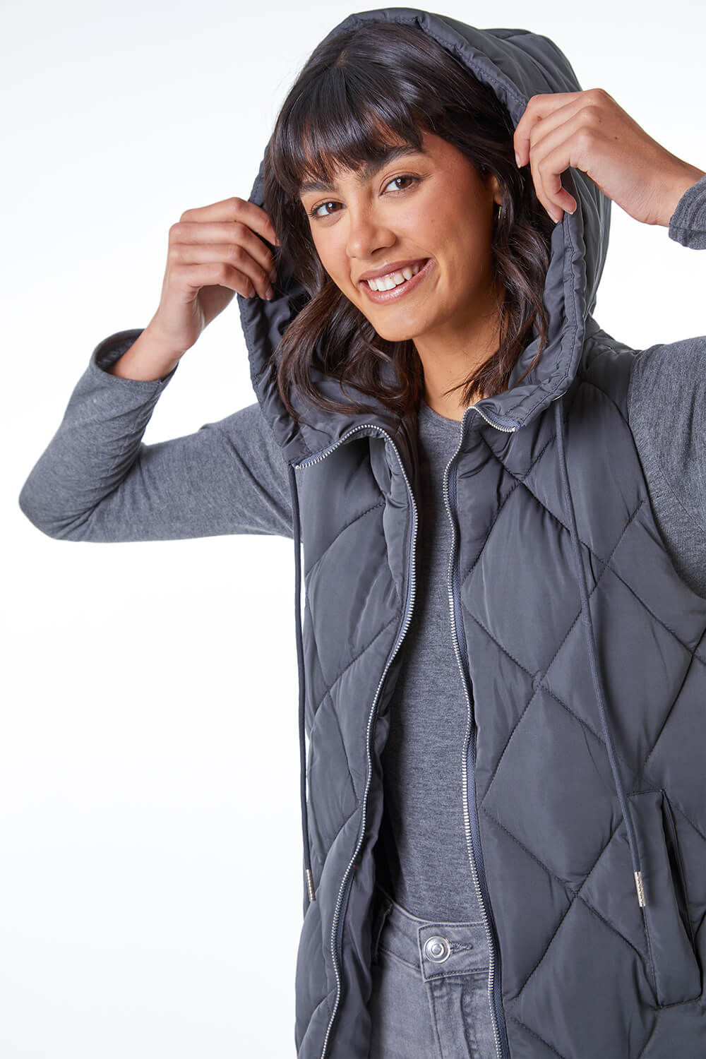 Diamond Quilted Hooded Gilet in Charcoal - Roman Originals UK
