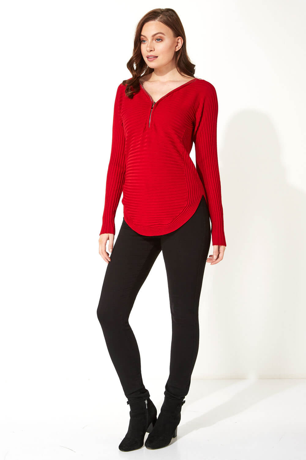 Red Zip Front V Neck Jersey Long Sleeve Top, Image 2 of 5
