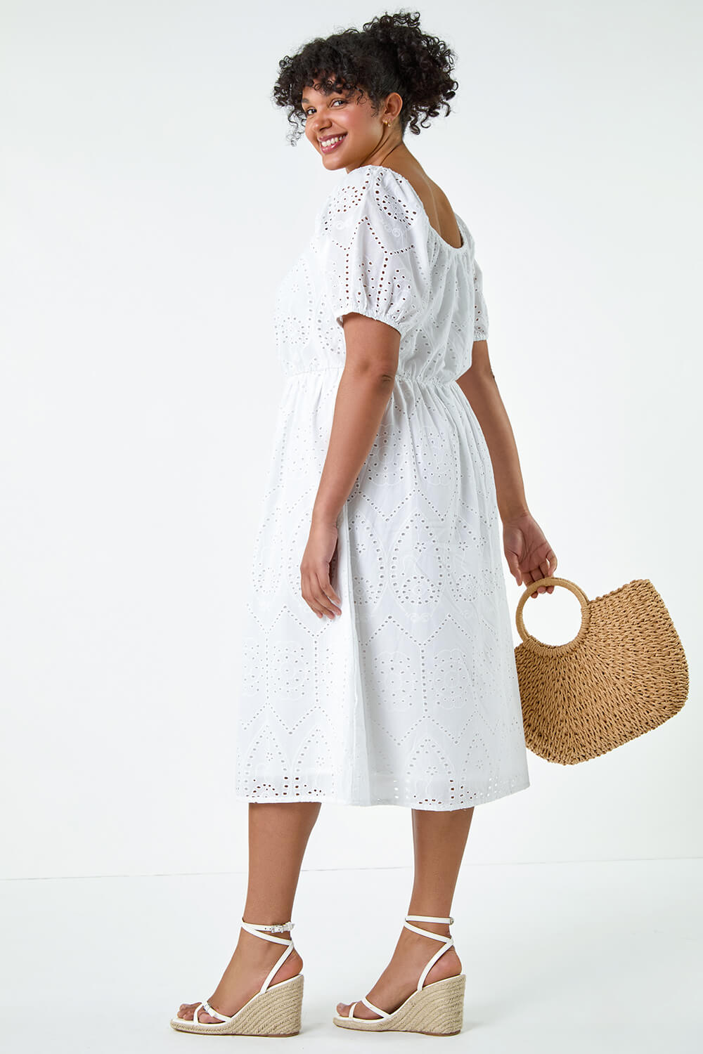 Ivory  Curve Cotton Broderie Midi Dress, Image 3 of 7