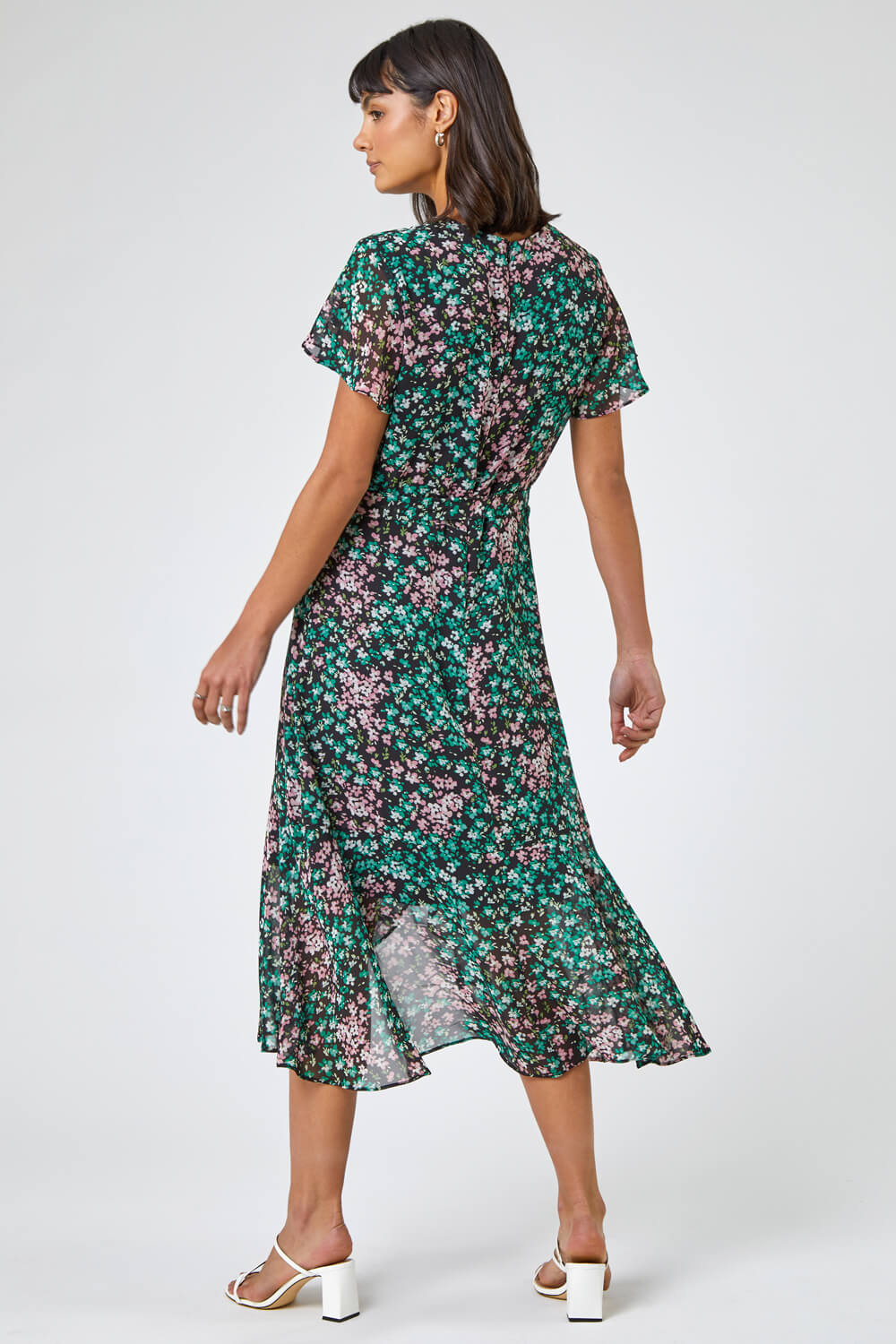 Green Ditsy Floral Wrap Midi Dress, Image 2 of 5