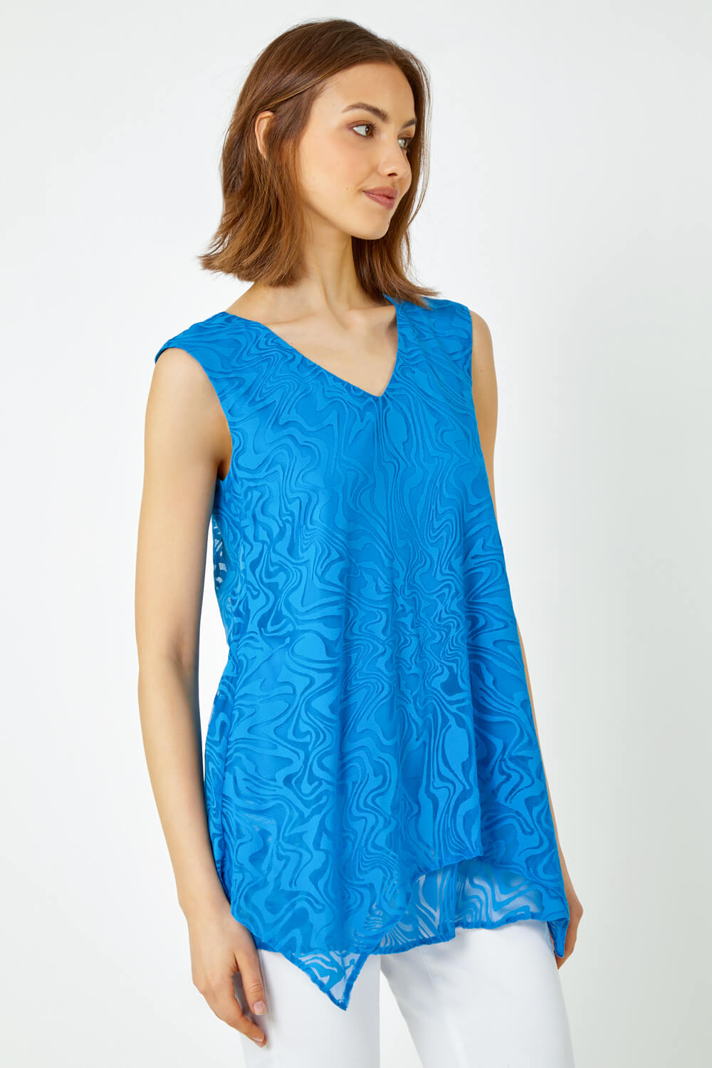 Blue Sleeveless Textured Swirl Print Top | Roman UK
