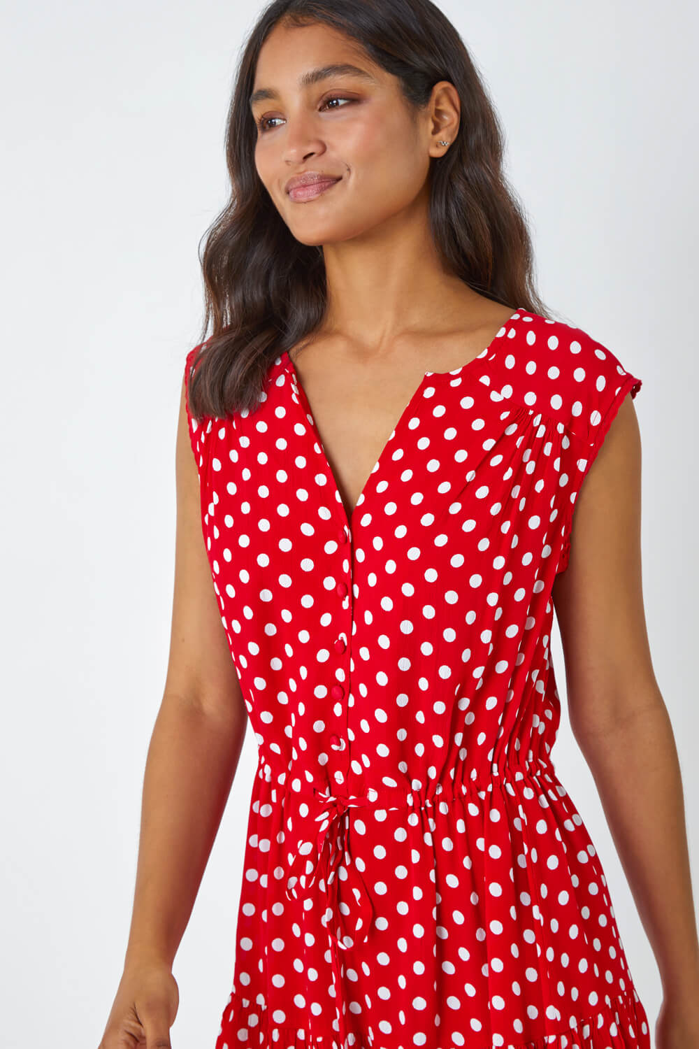 Red Polka Dot Print Sleeveless Dress, Image 4 of 5