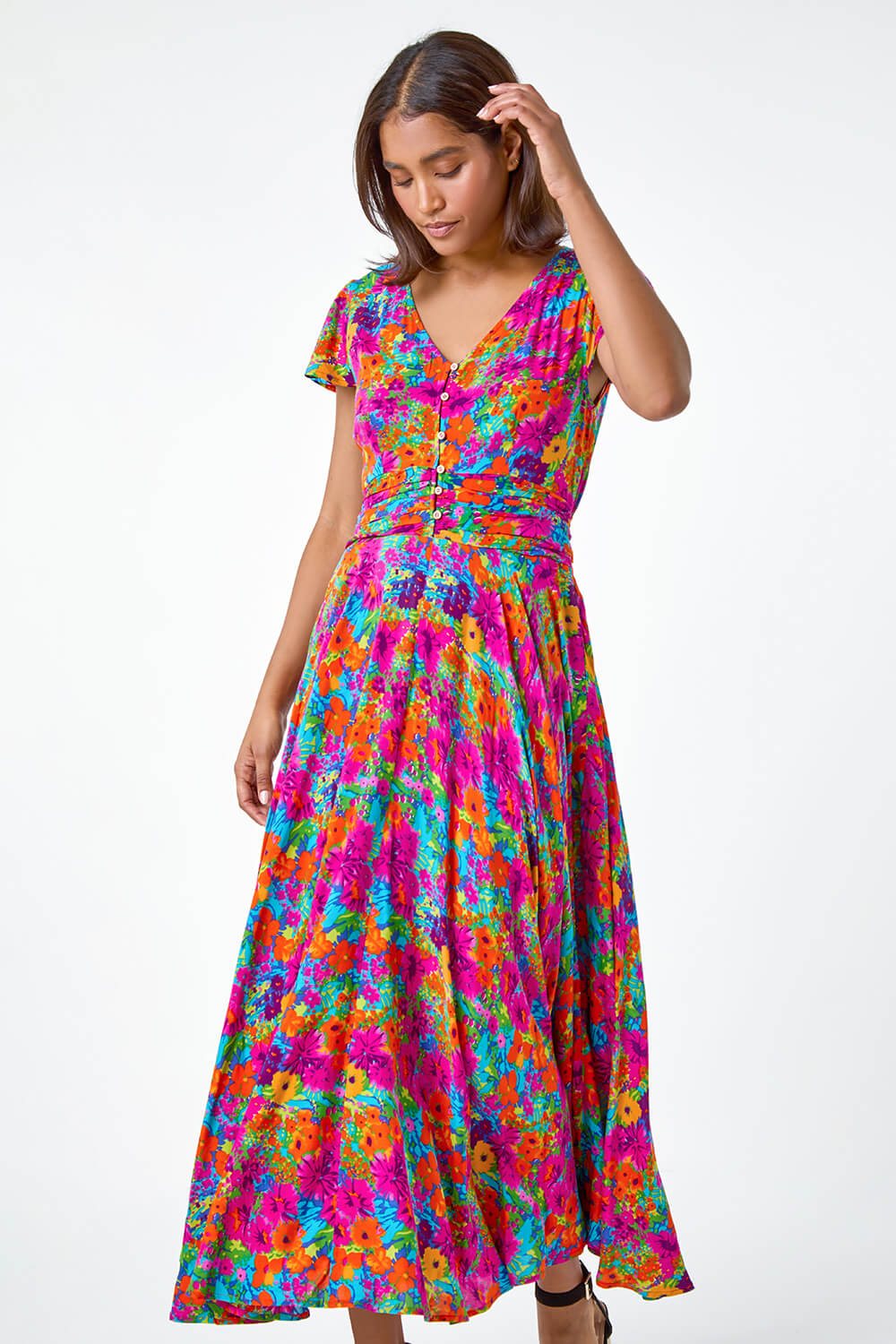 Fuchsia Floral Ruched Waist Midi Dress, Image 4 of 5