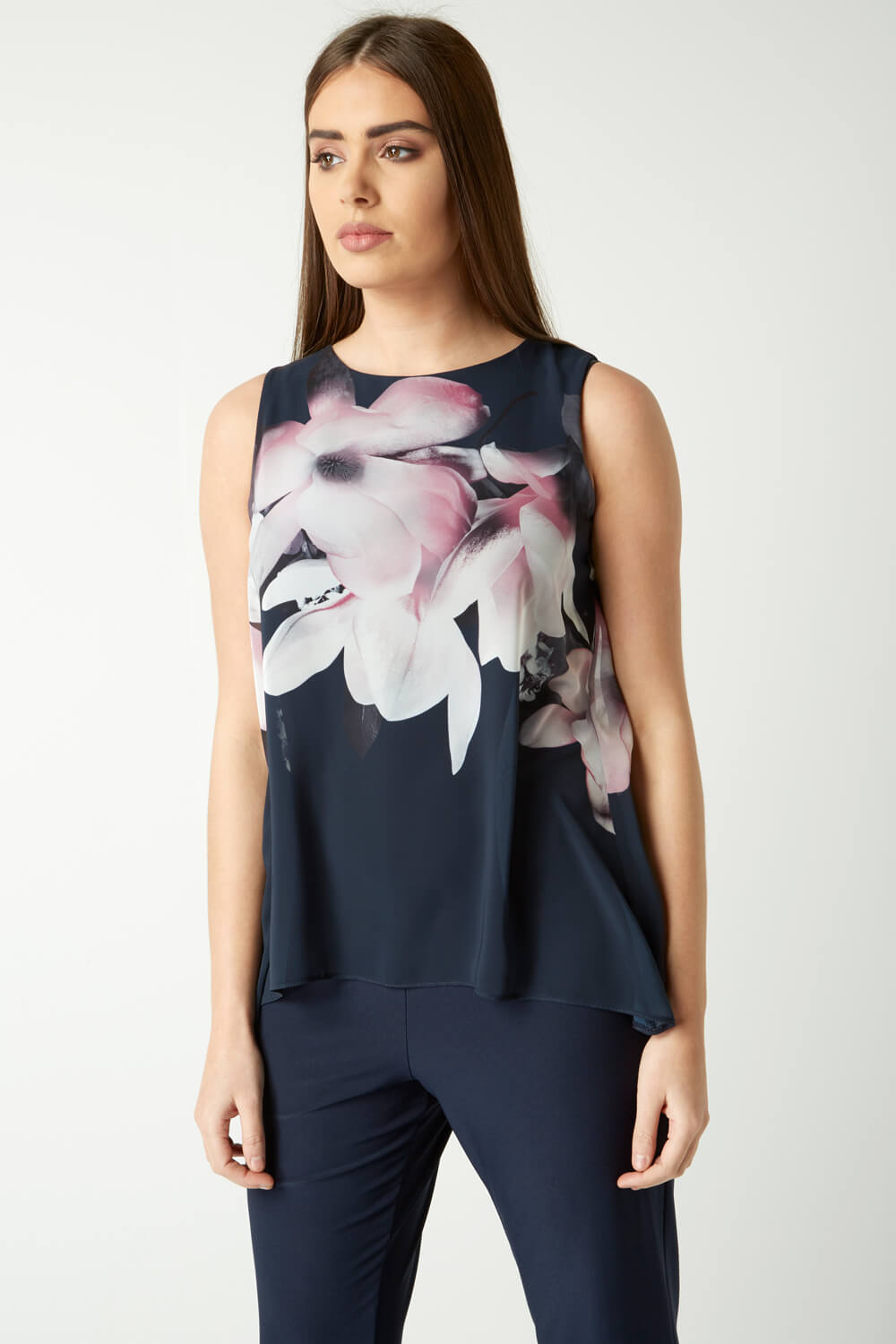 Navy  Floral Print Chiffon Overlay Jumpsuit, Image 3 of 4