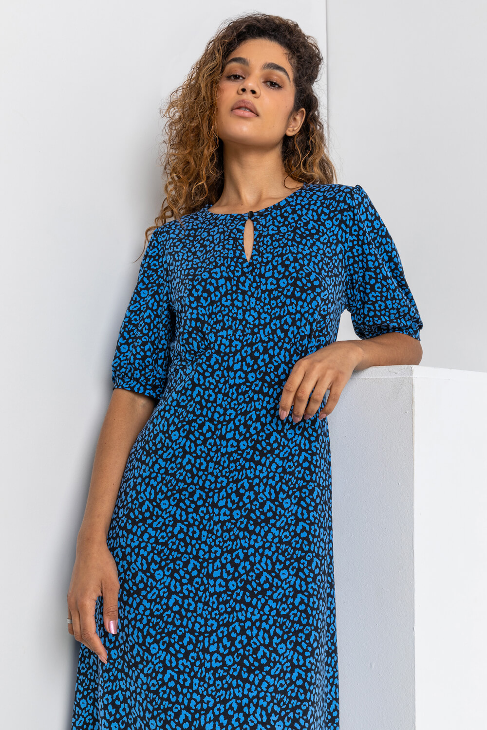 Royal Blue Animal Print Stretch Midi Dress Roman UK