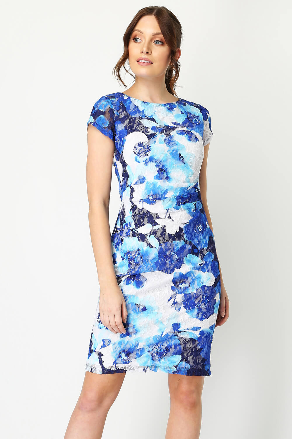 Floral Print Lace Ruched Dress in Royal Blue - Roman Originals UK