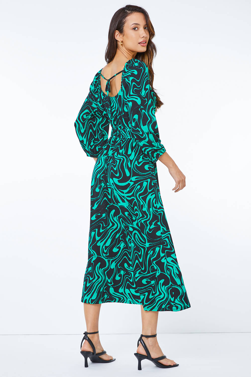 Green Swirl Print Shirred Waist Midi Dress, Image 3 of 5