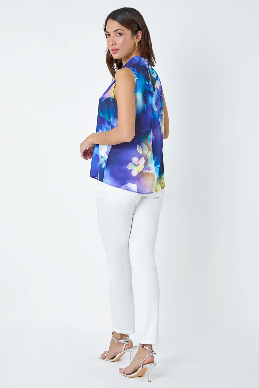 Navy  Floral Print High Neck Top, Image 3 of 5