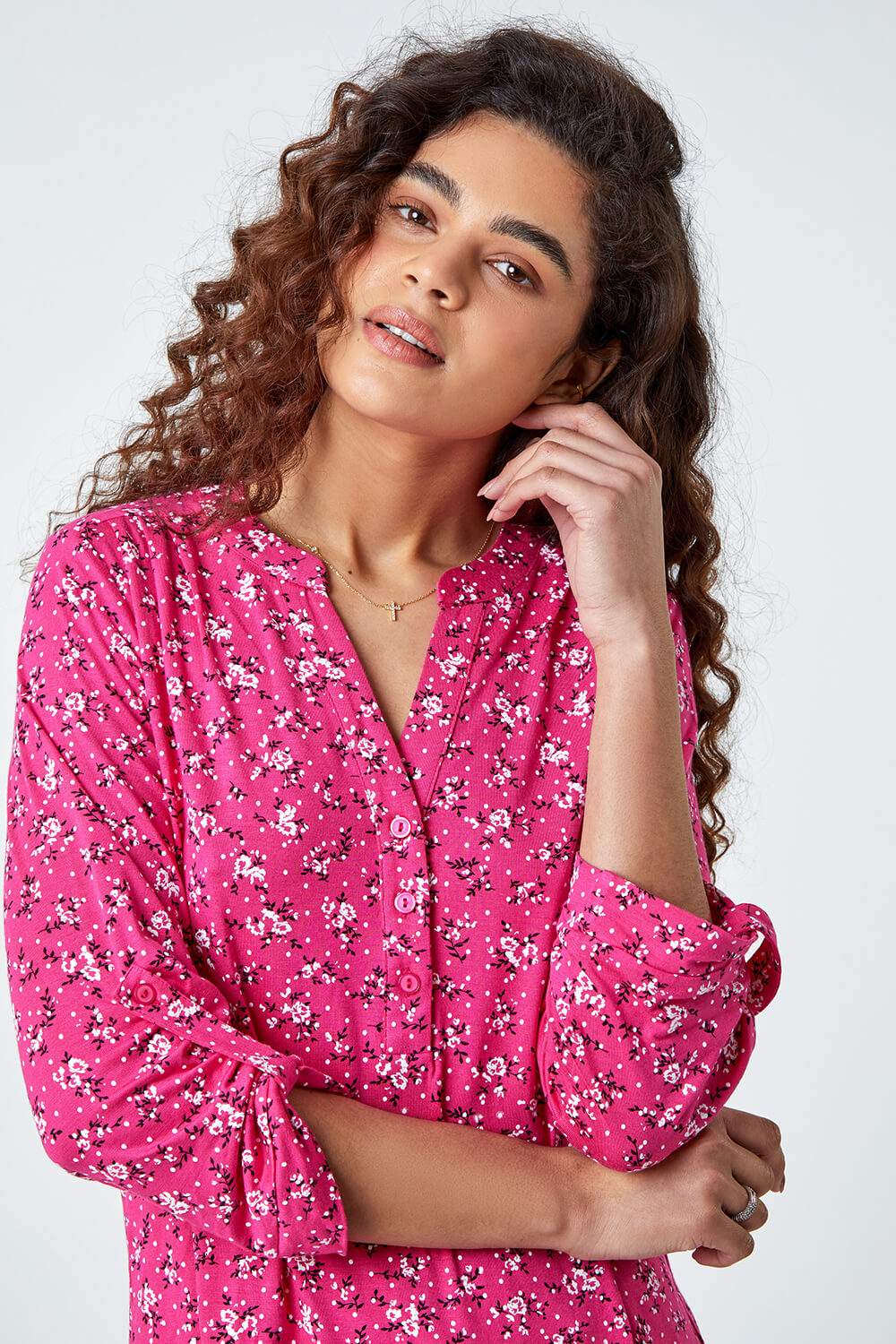 Fuchsia Ditsy Floral Notch Neck Stretch Top, Image 4 of 5
