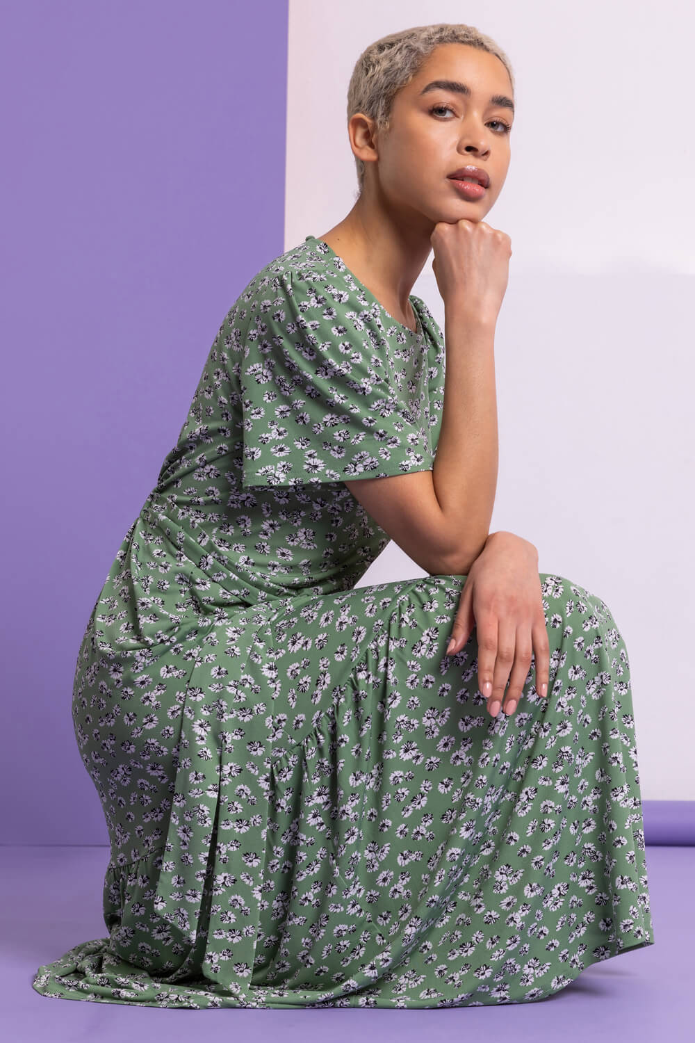Sage Ditsy Daisy Print Belted Dress, Image 5 of 5