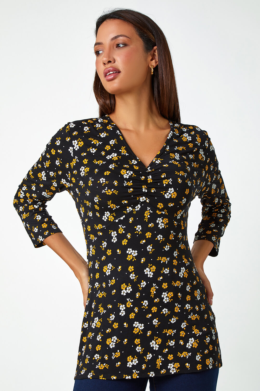 Ochre Floral Print Ruched Stretch Top , Image 4 of 5