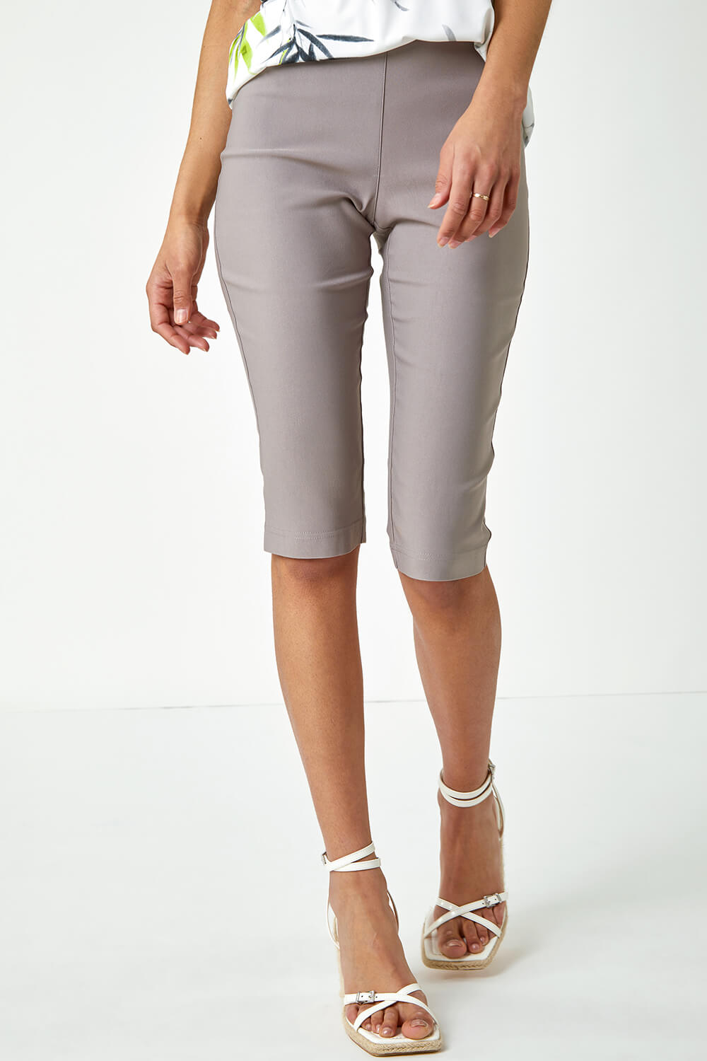 Taupe Knee Length Stretch Shorts, Image 4 of 5
