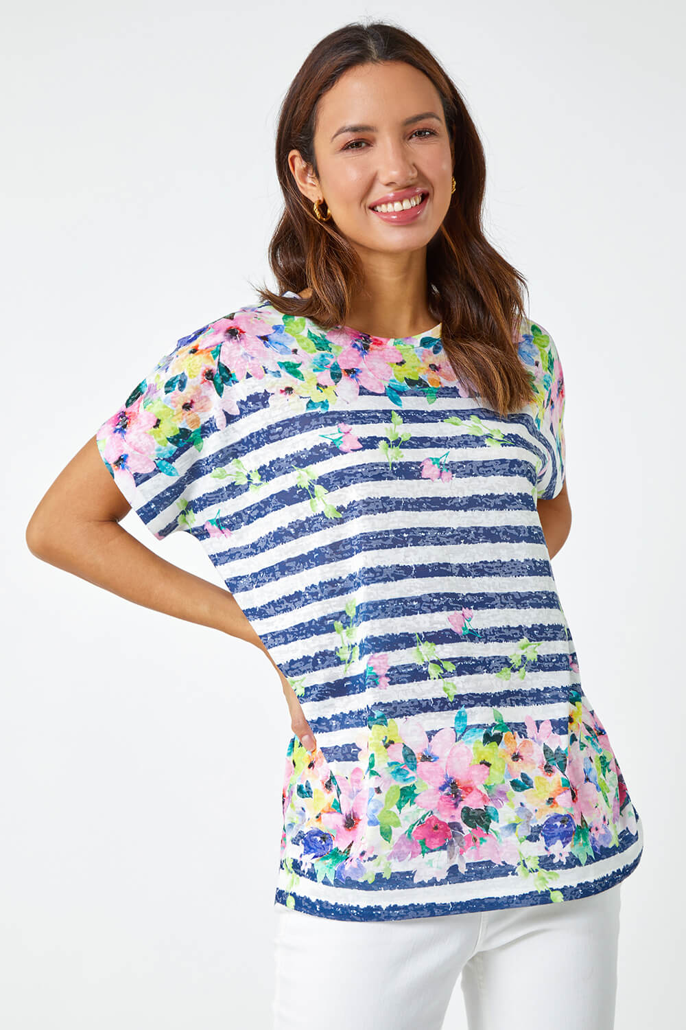 Floral Border Print Stripe T Shirt