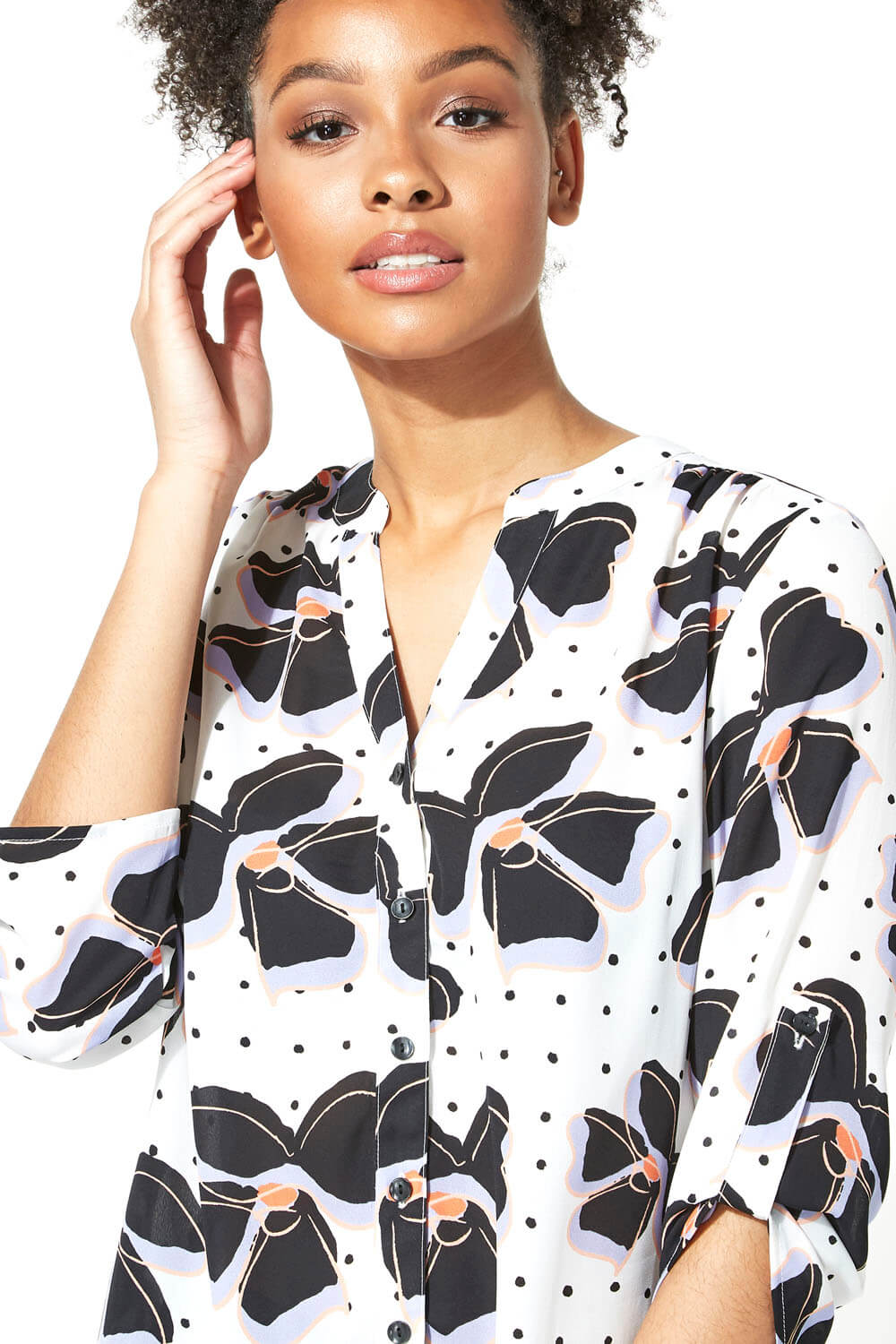 Ivory  Contrast Spot Floral 3/4 Sleeve Shirt, Image 4 of 5