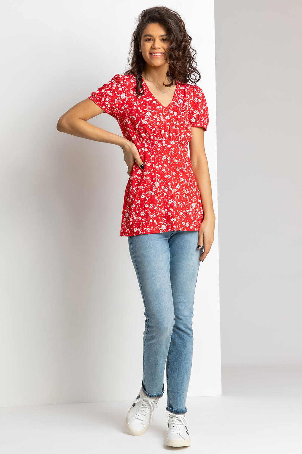 Red Ditsy Floral Print Stretch Top, Image 3 of 4