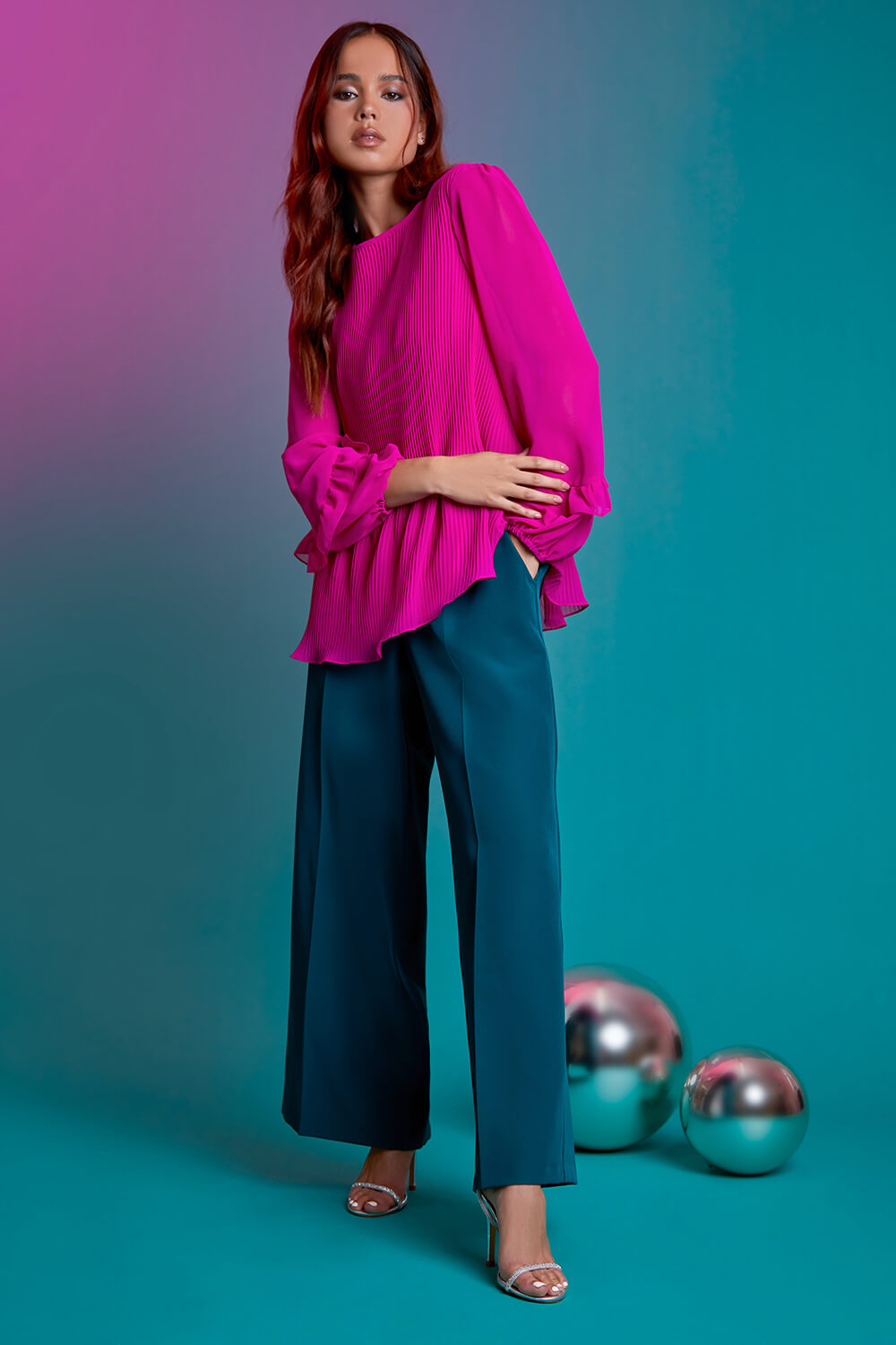 Fuchsia Petite Pleated Frill Detail Top, Image 6 of 6