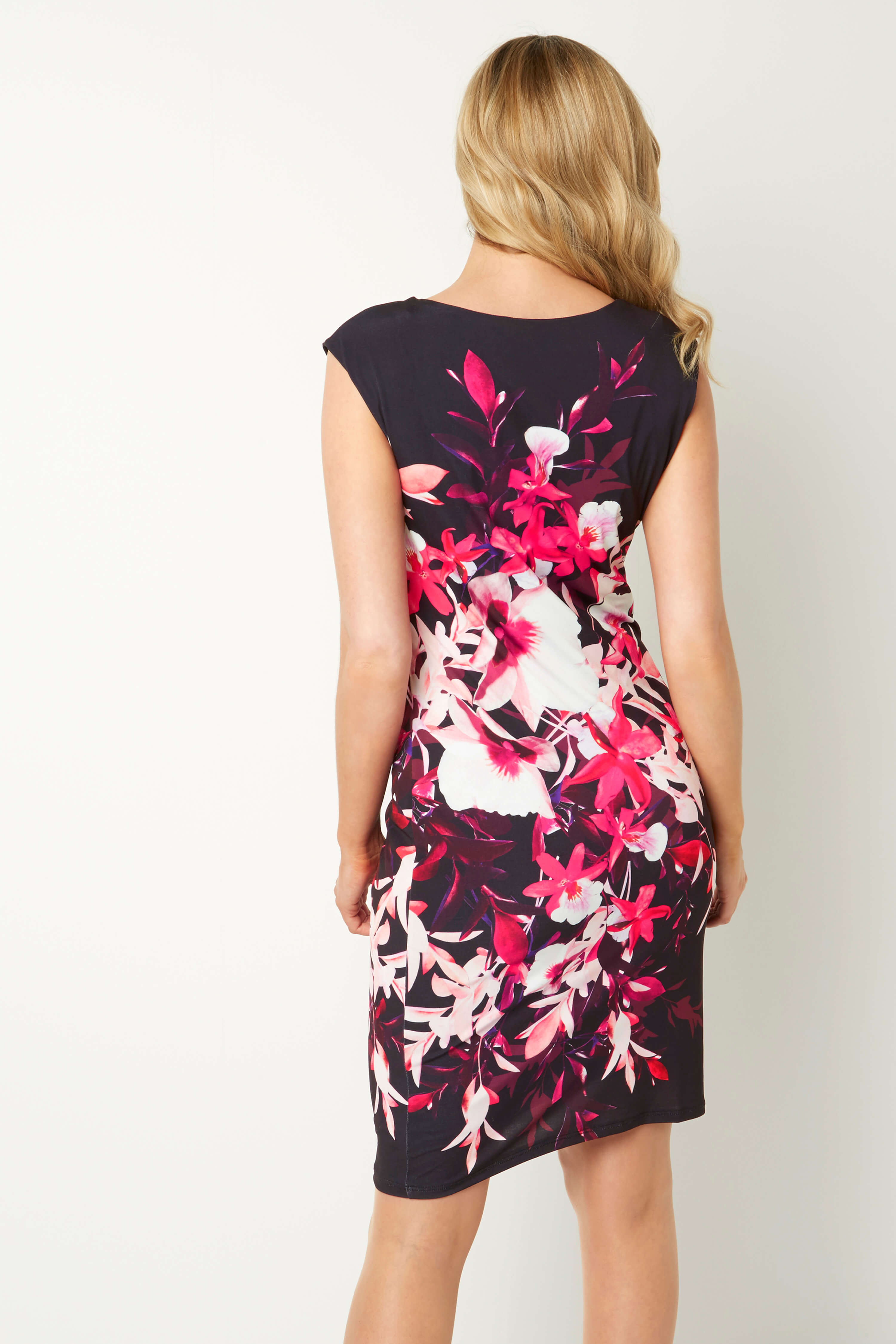 Orchid Floral Print Jersey Dress in Black - Roman Originals UK