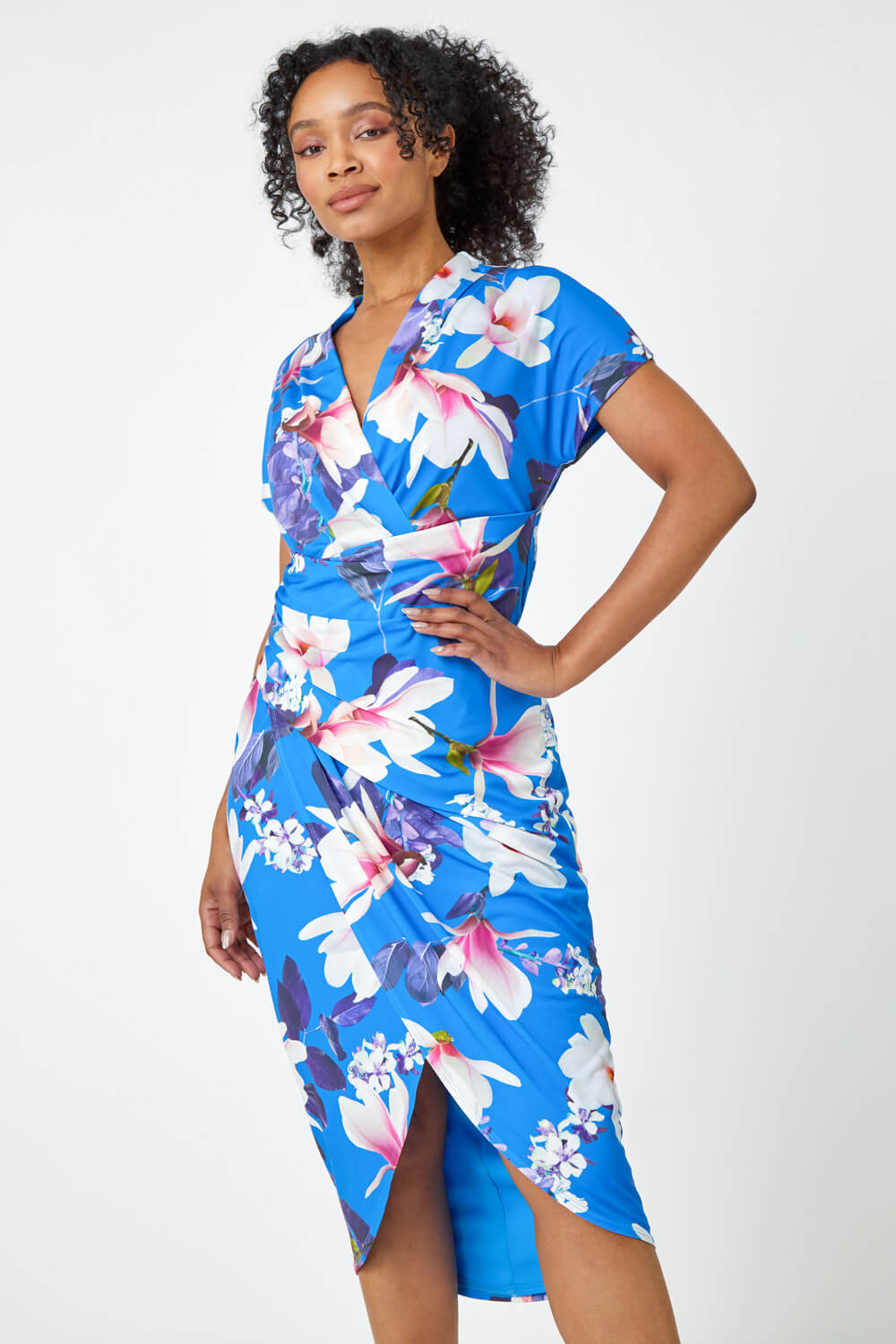 Petite Ruched Floral Wrap Dress in Blue | Roman UK