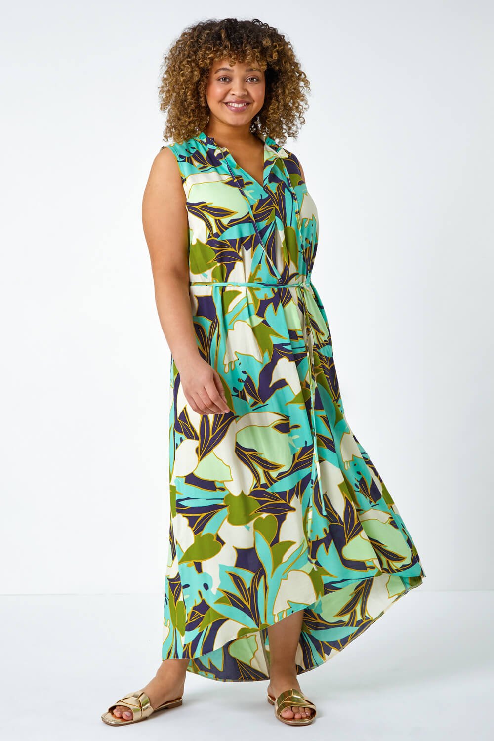 Lime Curve Leaf Print Tie Neck Midi Dress | Roman UK